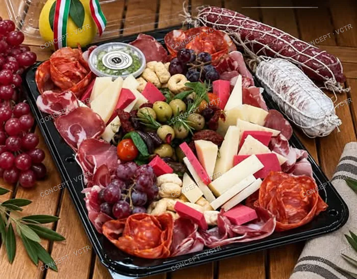 An antipasto platter of cured meats, cheese, olives and grapes
