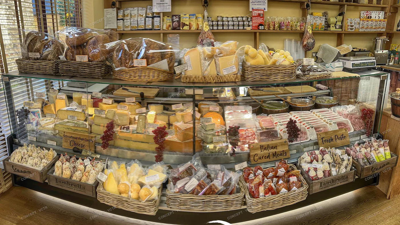 The deli counter at Roberto's, filled with Italian cheeses, cured meats and fresh pasta