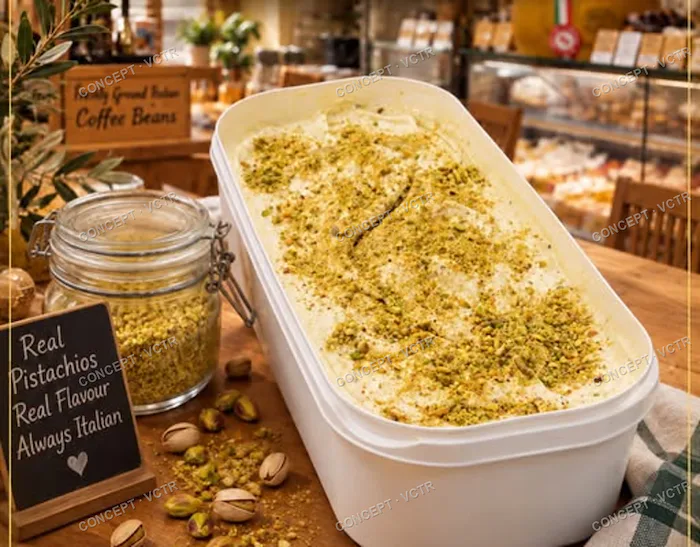 A tray of pistachio gelato beside a jar of coffee beans