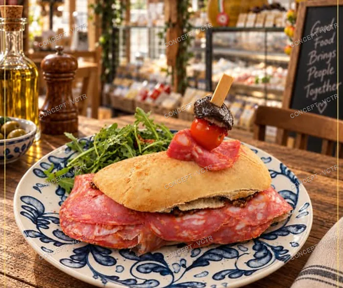 A panini with salami and rocket on a blue patterned plate